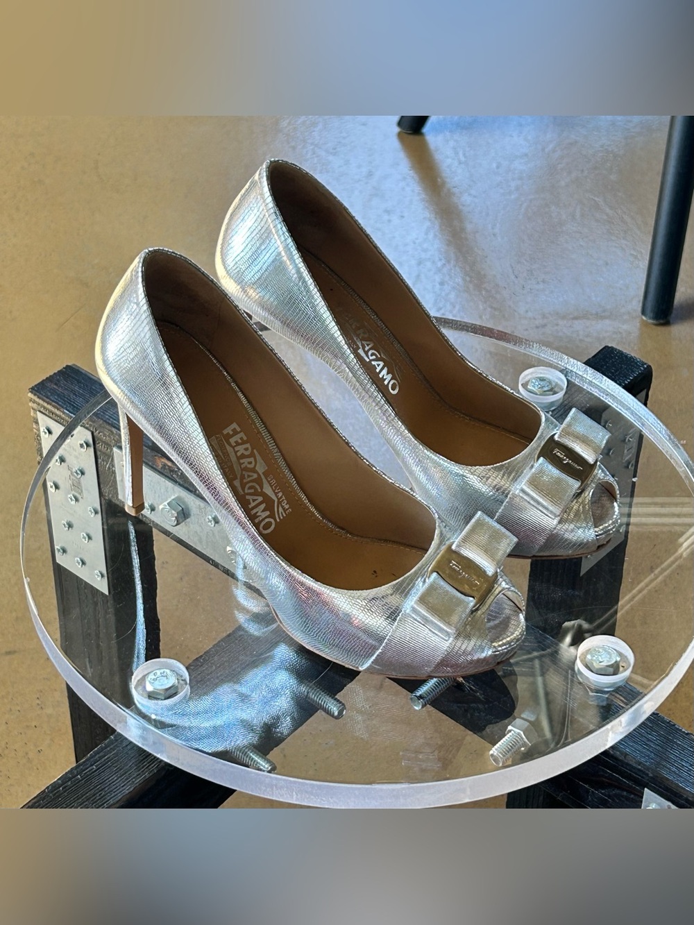 Salvatore Ferragamo Y2K Metallic Silver Peep Toe Stiletto Pumps, sz 8